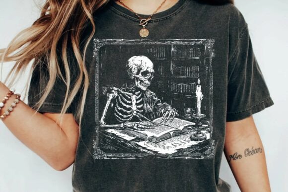Download Dark Academia Skeleton Scholar Writing in Gothic Library Vintage Woodcut Png - Png Collection
