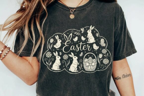 Download Vintage Aesthetic Hand-Drawn Easter Bunny Garden Scene Sublimation PNG - Png Collection