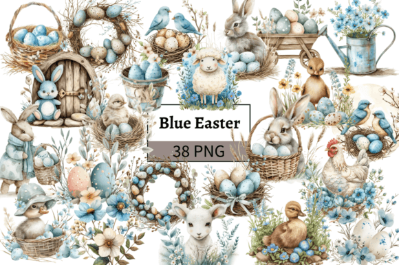 Download Blue Easter Illustrations Bundle PNG - Easter illustration Collection