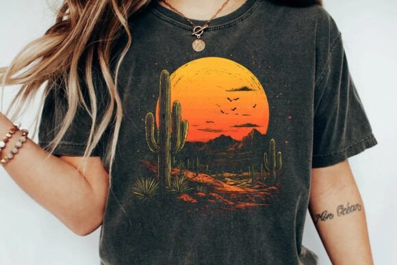 Download Vintage Desert Sunset Cactus Mountain Retro Graphic T-Shirt Design Png - Png Collection