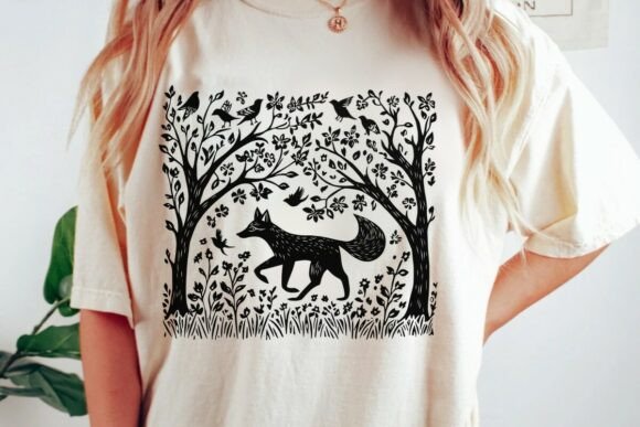 Download Rustic Fox Forest Birds Woodcut Png - Png Collection
