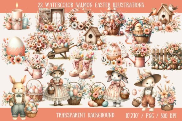 Download Salmon Watercolor Easter Illustrations - Easter illustration Collection